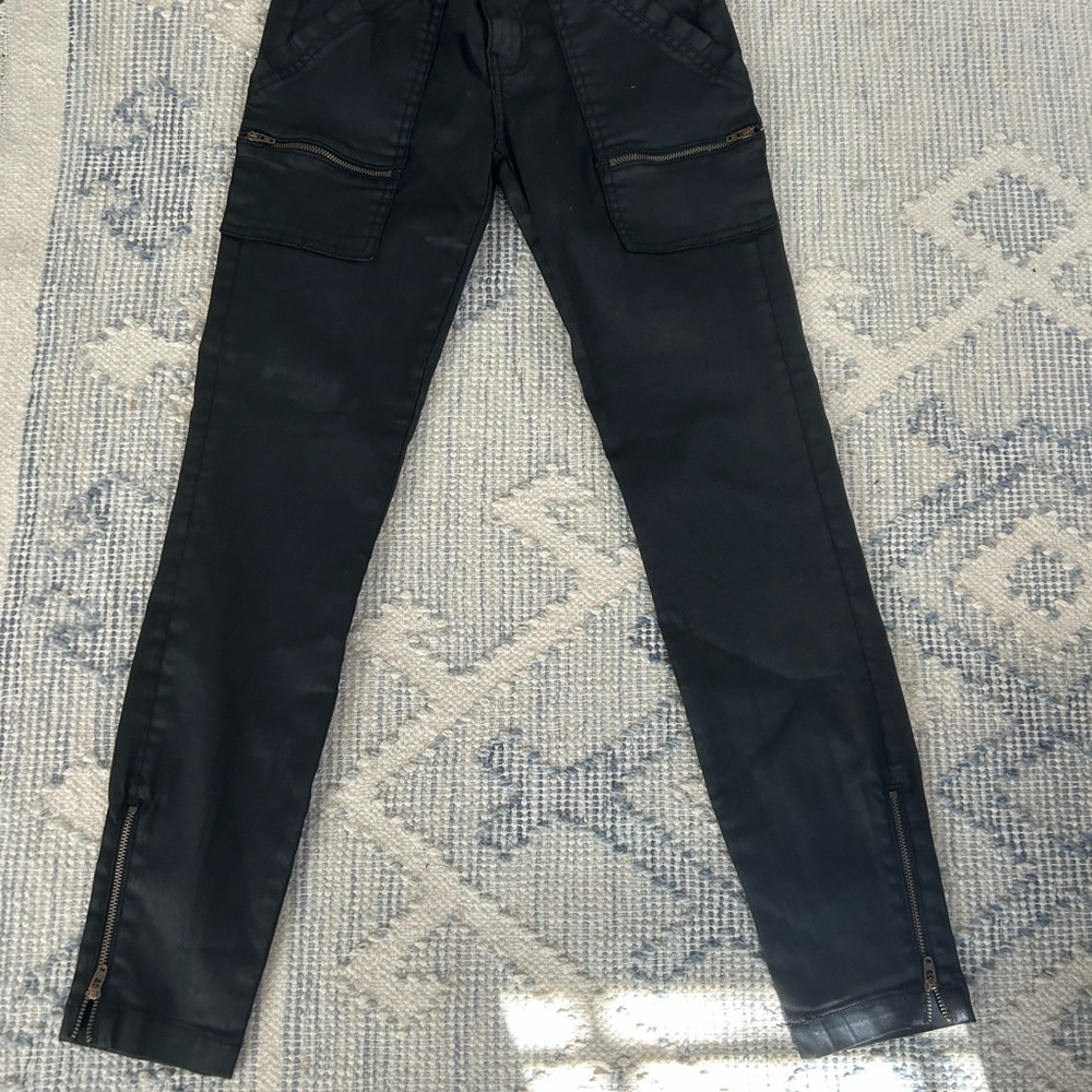 Joie Black wax coated black Cargo Pants with Zipper Accents